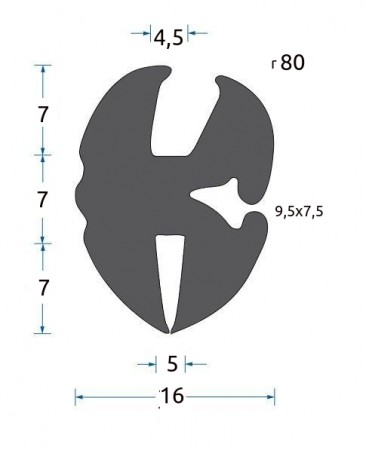 Gummi klem-profil 4,5mm glass, 5mm vegg, 7mm mellomvegg