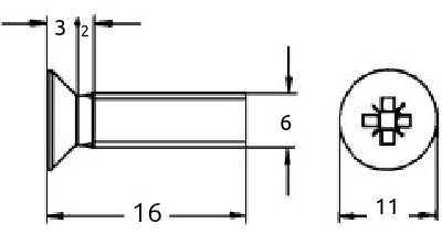 M6x16mm maskinskrue med senkhode og  kryss-spor.