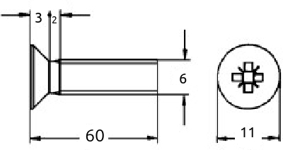 M6x60mm maskinskrue med senkhode og  kryss-spor.